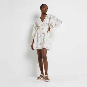 River Island Cream Floral Broderie Smock Mini Dress